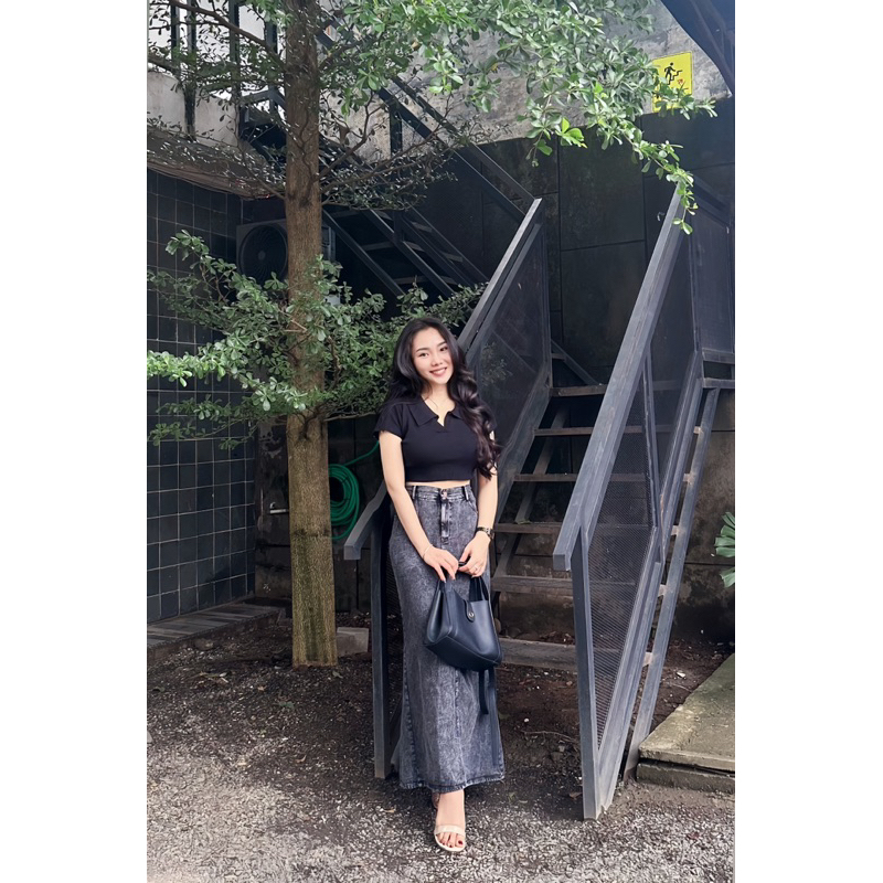 Rok span wanita panjang formal higwaist jins teana rok snow A-Line rok span