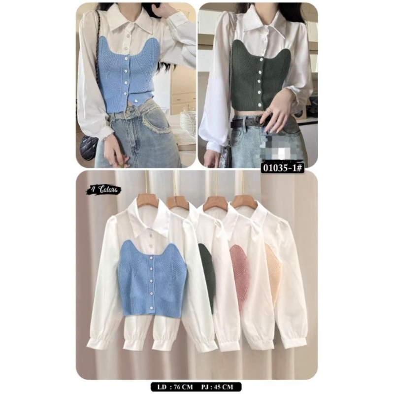 Atasan Katun Kombinasi Rajut Cantik Lengan panjang Korean style Bagus Dan Lecu Mewah