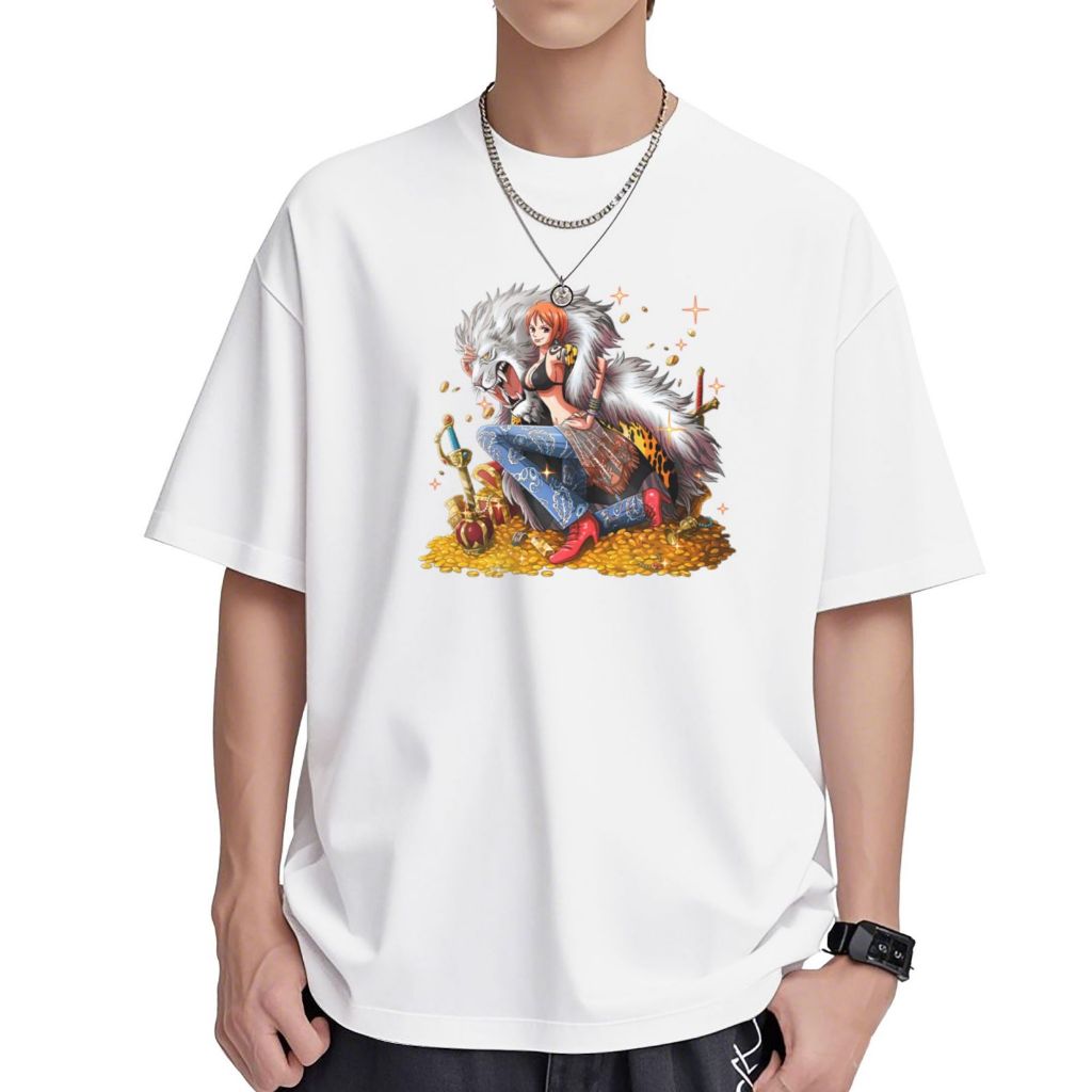 Humcustom  ONE PIECE Kaos Fashion Unisex Pria Wanita Handmade Cotton T - Shirt Putih NamiPirateTreas