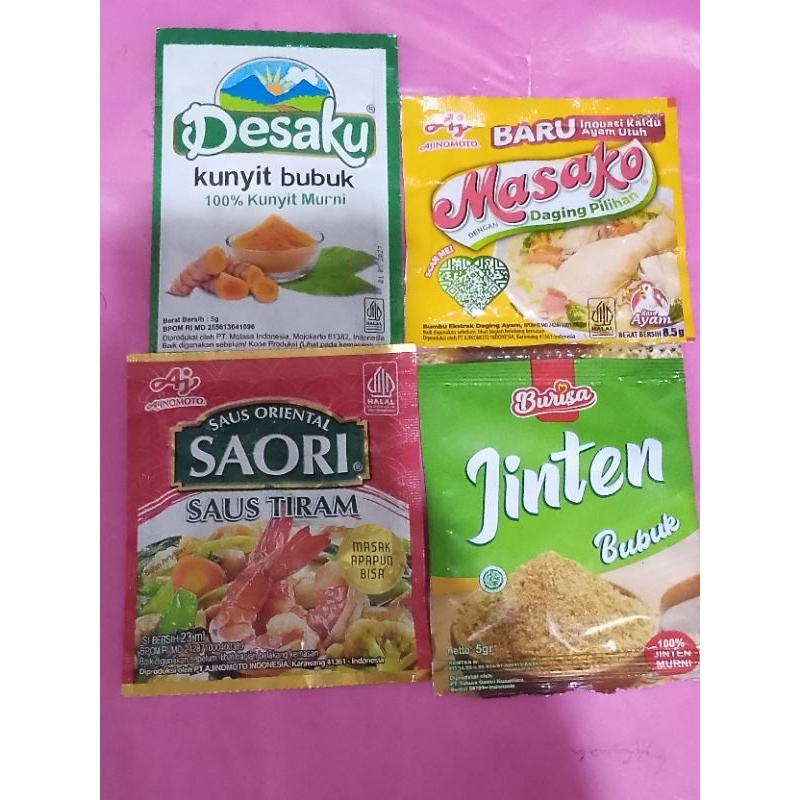 

Kunyit bubuk+Masako+Saori Saus Tiram+Jinten bubuk 5 gram Paket 3V (TRB100)