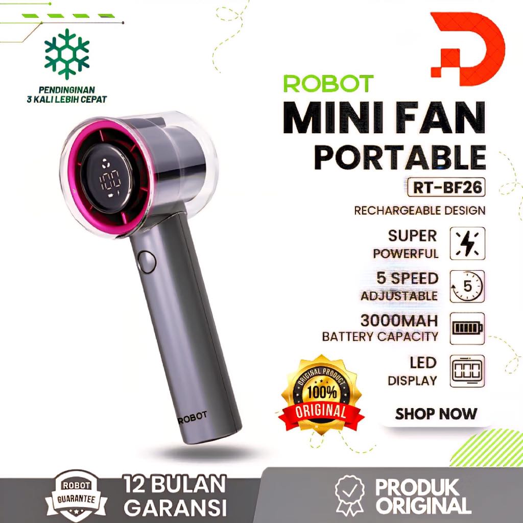 Robot RT-BF26 Powerful Portable Mini Fan Kipas Angin 3000mAh LED Digital Display / Kipas Portable