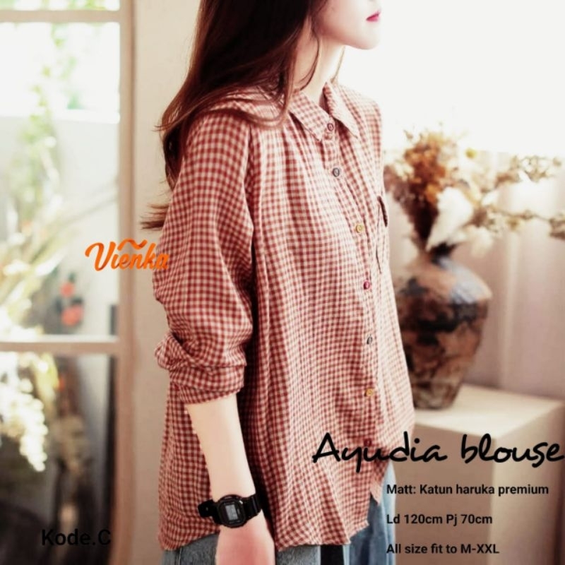 BAJU WANITA AYUDIA KEMEJA JUMBO KATUN KOTAK-KOTAK BY VIENKA