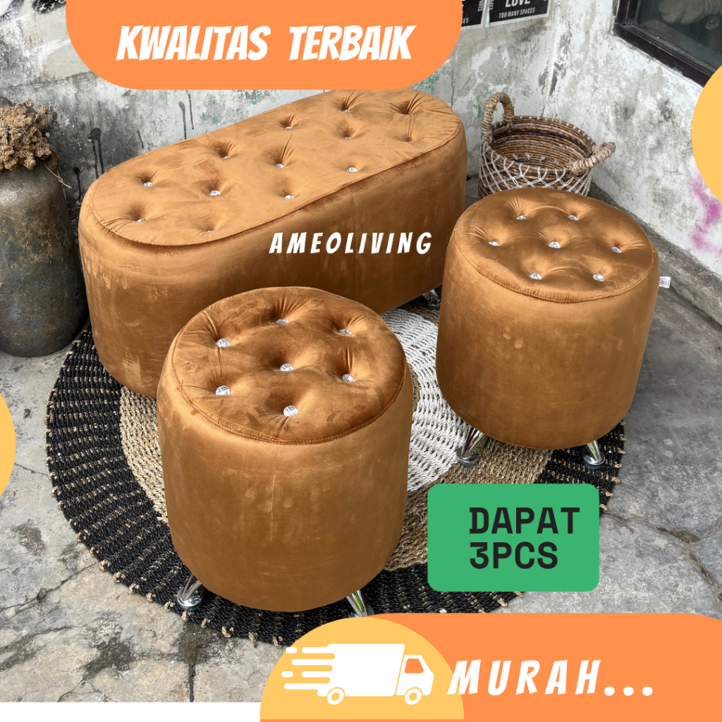 Bundling Pajero - Oval 90x40cm 1Pcs + Stool Bulat D40cm 2pcs - Bench kaki Stainless - Bench Kancing 
