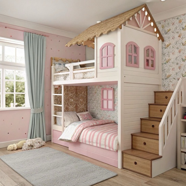 Tempat tidur tingkat anak motif rumah full plafon