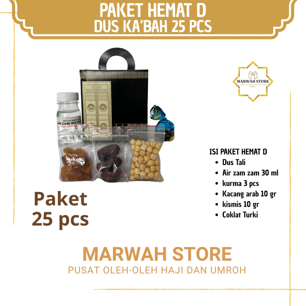 

Oleh-oleh Haji dan Umroh Paket Hemat D 25 pcs Dus Ka'bah Lengkap Air Zamzam