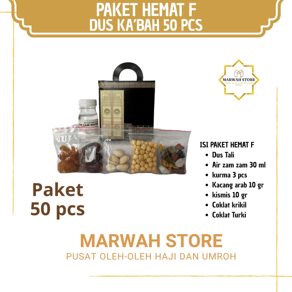 

Oleh-oleh Haji dan Umroh Paket Hemat F 50 pcs Dus Ka'bah Lengkap Air Zamzam