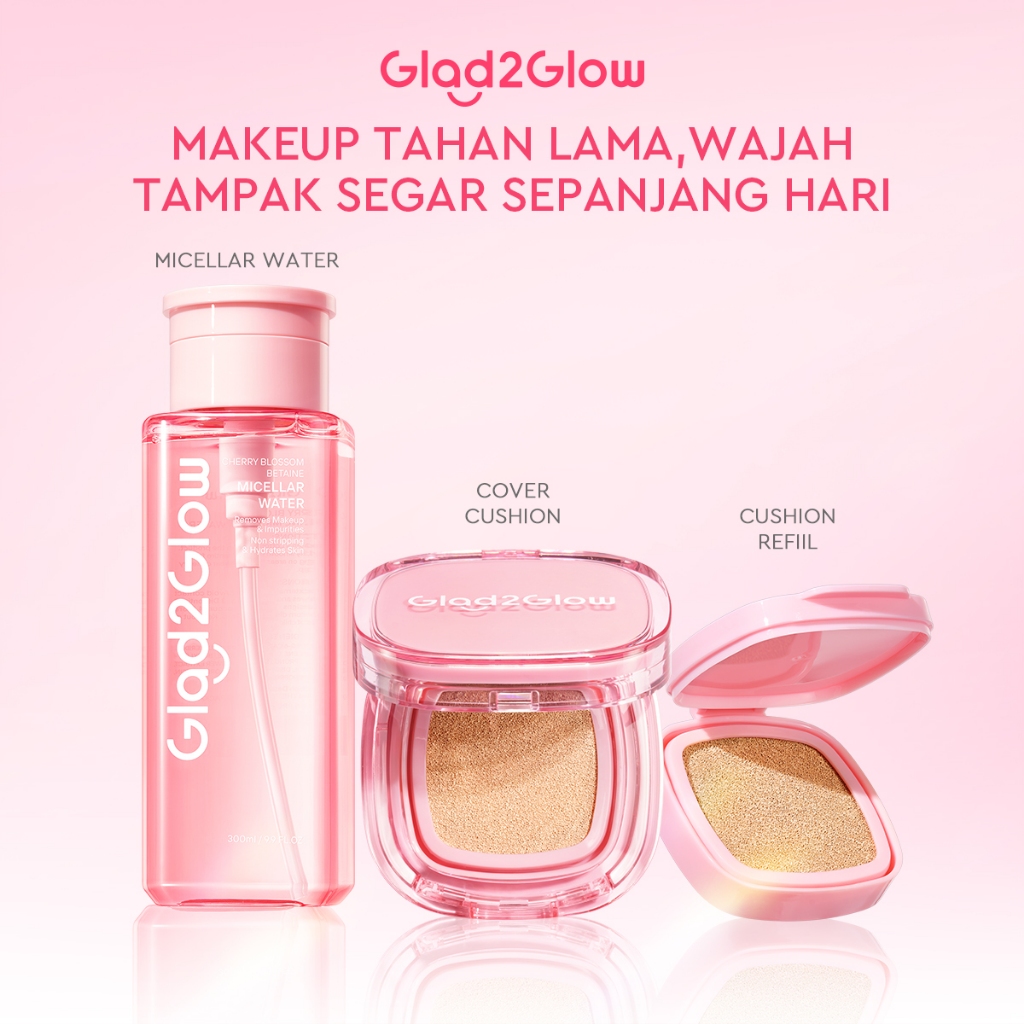 Glad2Glow Set Makeup Lengkap 3in1  Micellar Water + Cushion Foundation & refill Sempurna untuk Makeu