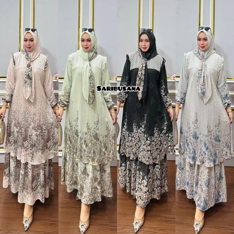 Gamis Dress Wanita Mewah Ceruty Plisket Mix Renda Dua Layer Plus Hijab Lebaran