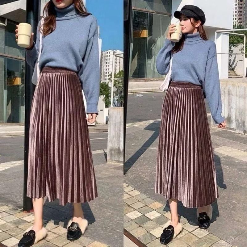 Rok bludru plisket velvet rok mayung  Premium rok beludru 7/8/Rok midi bludru/Rok beludru  premium/R