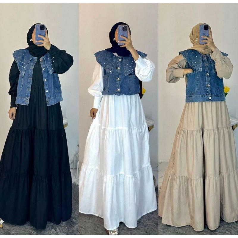 Lavanya Dress+rompi bahan cringkle mix jeans aplikasi mutiara dress kekinian modern murah Dress mura
