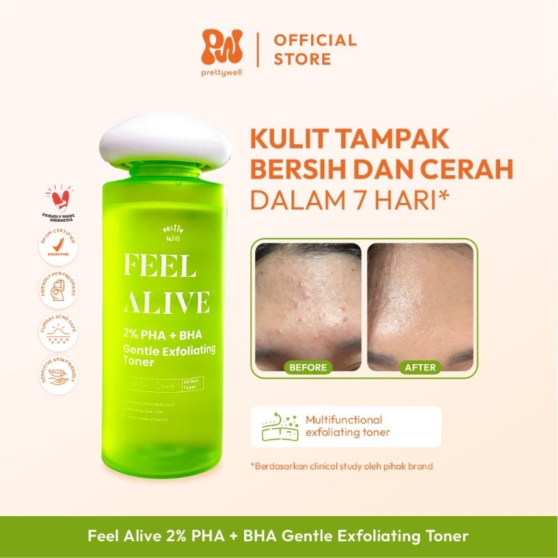 Prettywell Feel Alive 2% PHA + BHA Gentle Exfoliating Toner 100mL Toner Pencerah with Centella Menye