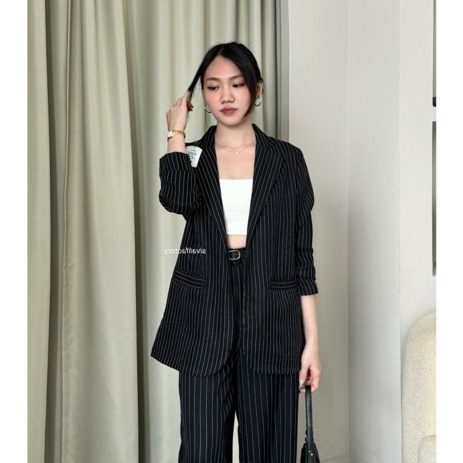 blazer kerja lengan panjang wanita outer blazer oversized formal korean style motif salur