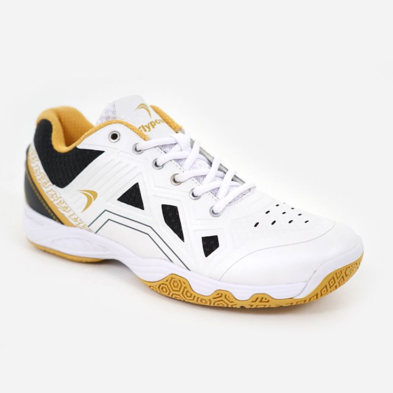 Flypower Sepatu Badminton Pria Wanita White Black Gold – Ringan, Anti Slip, Nyaman – Cocok Pemula & 