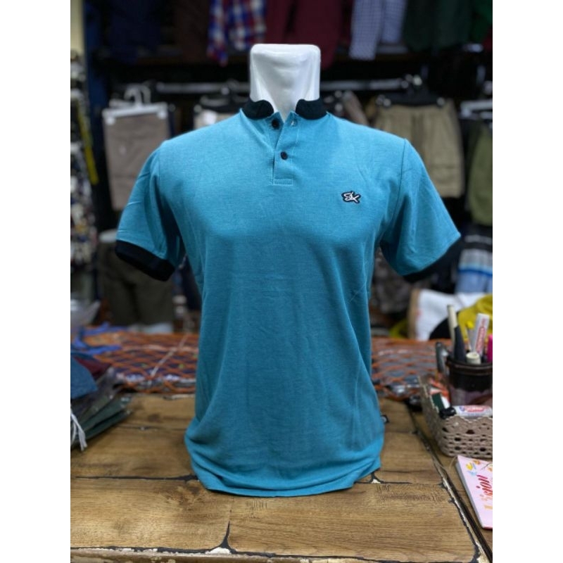 Kaos pria kerah kra kombinasi polos 1 warna biru muda