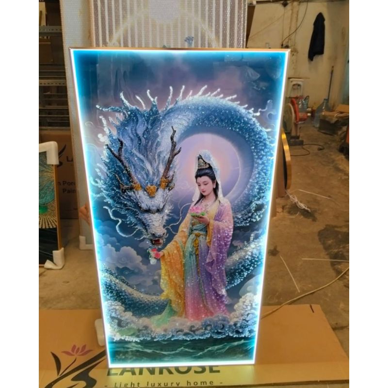 Lukisan Porcelain 5D Diamond Gambar Dewi Kwan Im Naga -Lukisan Led