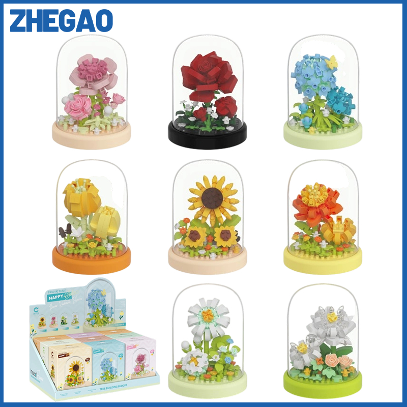 ZHEGAO Bricks Bunga Sunflower Mainan Balok DIY Bangunan Buket Bunga Immortal Kotak Tampilan Untuk De