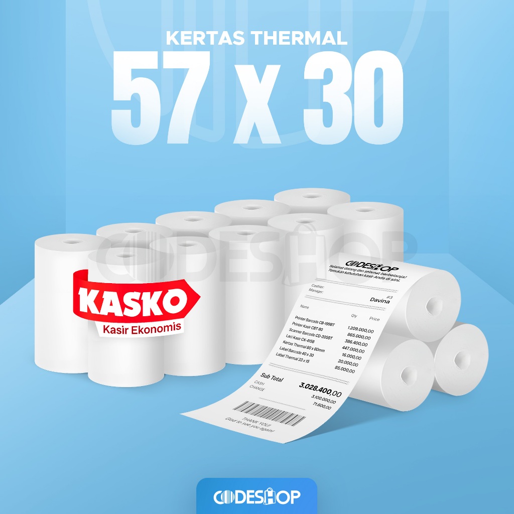 

Kertas Kasir Thermal 57 x 30 mm Struk Paper Roll Termal 58x30 Printer Bluetooth Mesin Kasir 57x30