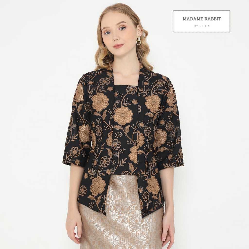 Kebaya Kutu Baru Malika Hitam Madame Rabbit Katun Bordir Lengan Panjang