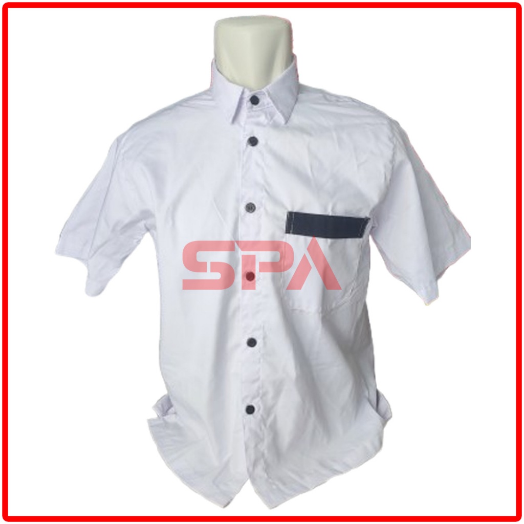 BAJU KEMEJA SERAGAM PDH KERJA POLOS PUTIH KANTONG SATU LIS HITAM BAHAN TEBAL TERBAIK
