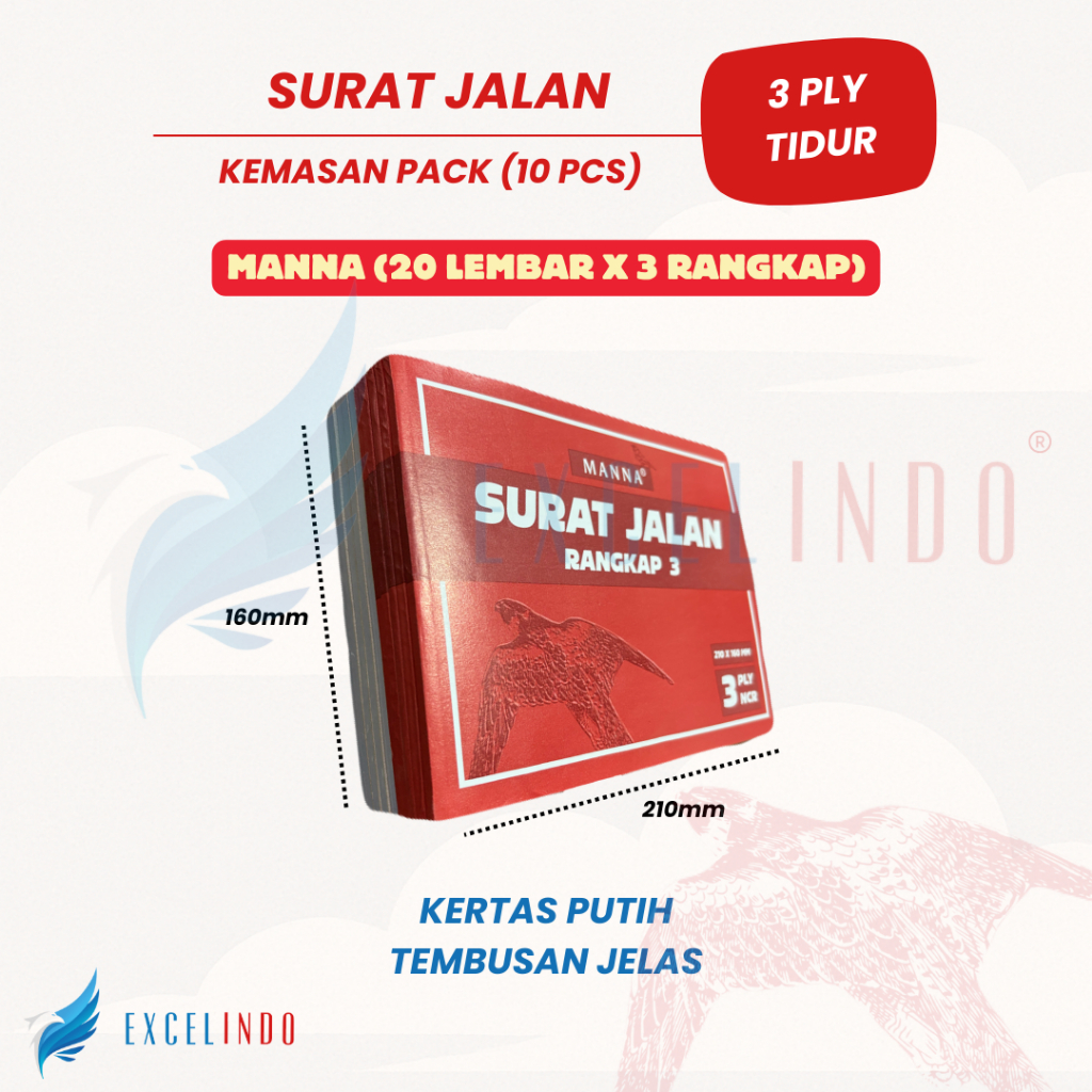 

(1 PACK/ ISI 10 BUKU) Manna Surat Jalan 3 ply NCR ukuran 210mm x 160 mm (TIDUR) TEMBUSAN DIJAMIN JELAS, KERTAS TEBAL 20 LEMBAR