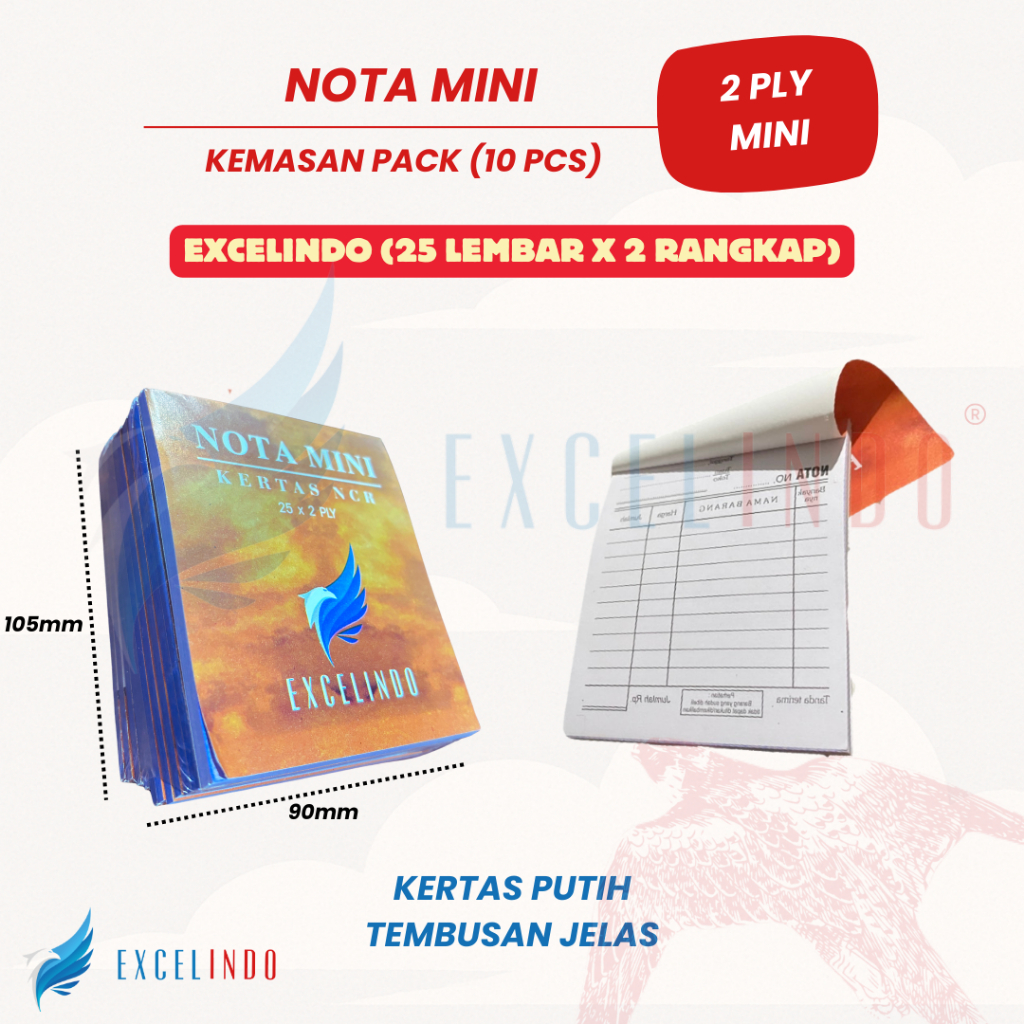 

(1 PACK/ISI 10 PCS) NOTA KONTAN MINI 2 PLY NCR UKURAN 90MM*105MM NOTA ONLINE SHOP MERK EXCELINDO