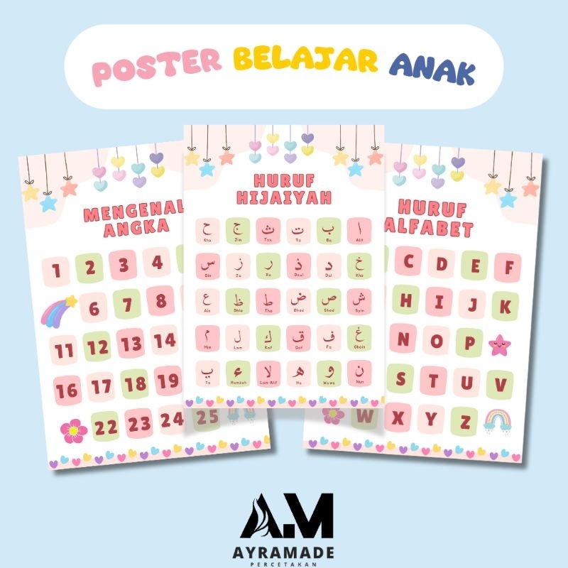 poster edukasi anak Estetik belajar angka huruf hijaiyah ukuran besar tebal dan colorfull