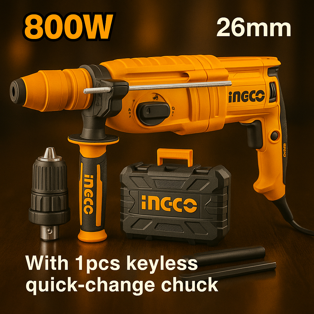 INGCO MESIN BOR ROTARY HAMMER 26mm 800W RGH9028-2 Dengan Adaptor & 1pcs Keyless Quick-Change Chuck B