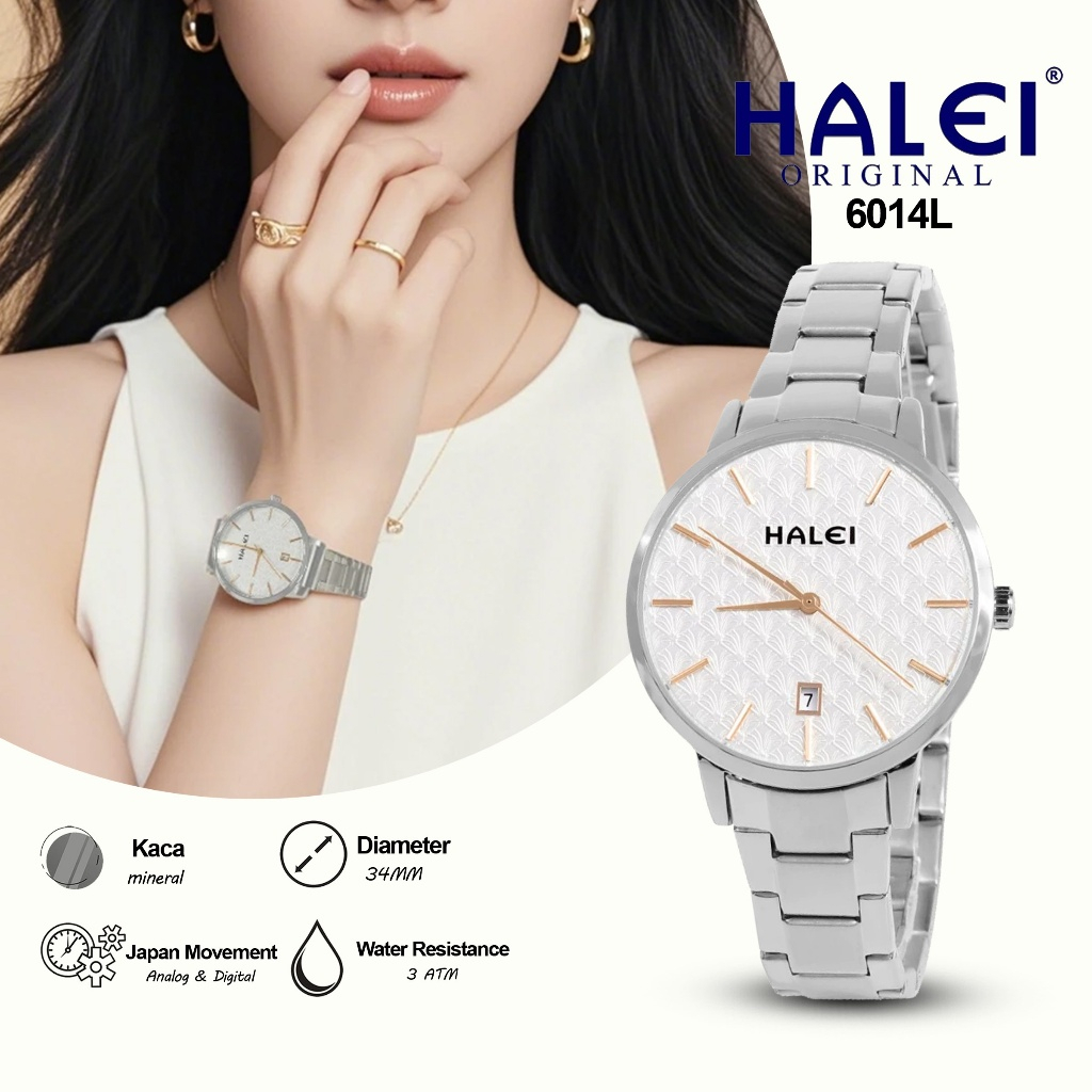HALEI - Jam Tangan Cewek Premium Analog Ada Tanggal Tali Rantai Tahan Air 6014L