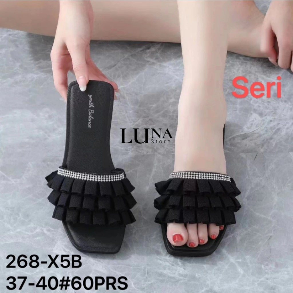 Sandal Flat Teplek Ruffle Hitam – Wanita Elegan 268-x5b