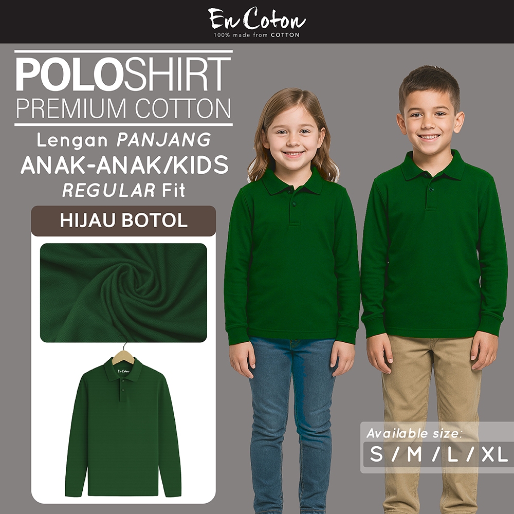 ENCOTON Kaos Kerah Polo ANAK HIJAU BOTOL Premium Tangan Lengan PANJANG (model ANAK)