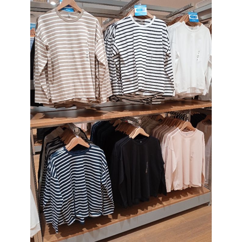 ❗NEW IN❗UNIQLO Kaos AIRism Katun Tshirt Dolman Lengan Panjang Polos Garis ORIGINAL