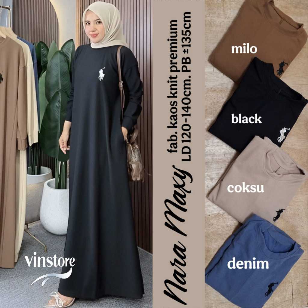 Nara Maxy - Gamis Dress Wanita Anggun Elegan Knit Premium Jumbo Ld 120 140 Warna Hitam Kekinian