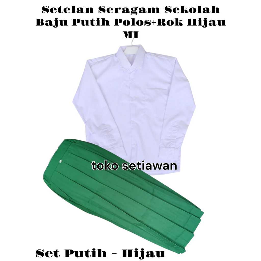 Setelan Putih Hijau MI Baju Putih Polos Lengan Panjang Dan Rok Panjang Warna Hijau Anak Perempuan Ke