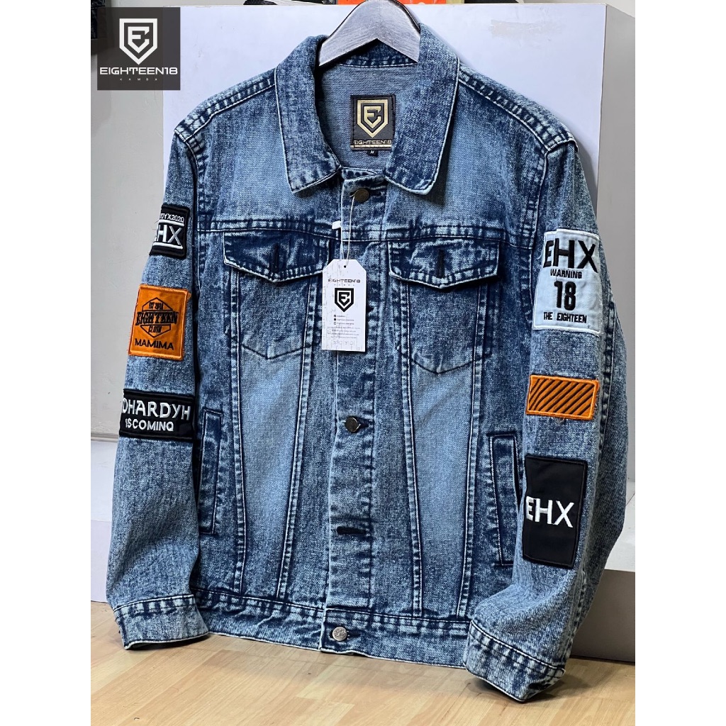 EIGHTEEN-jaket pria unisex atasan jeans denim motif biru emblem logo kancing