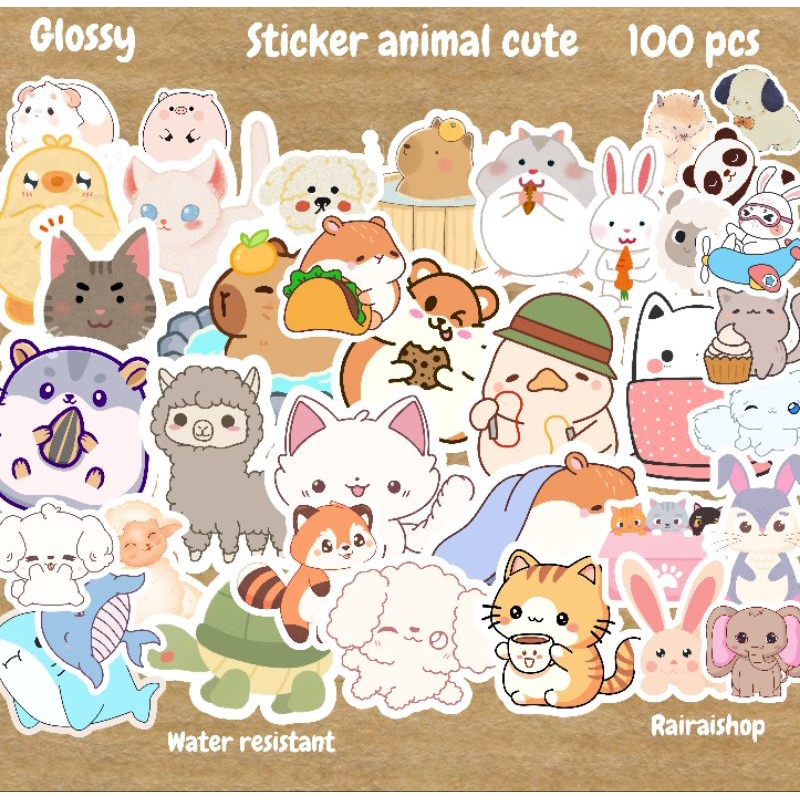 

100 pcs stiker foto glossy cute animal anti air gratis 1 buah pin 44mm