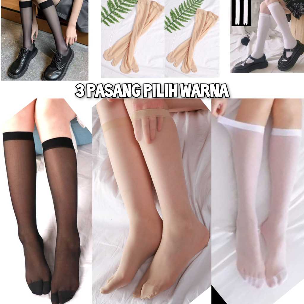 Bellino - 3pasang Kaos Kaki Stocking Transparan Model Jempol Terpisah Panjang Selutut Stoking Cewek 