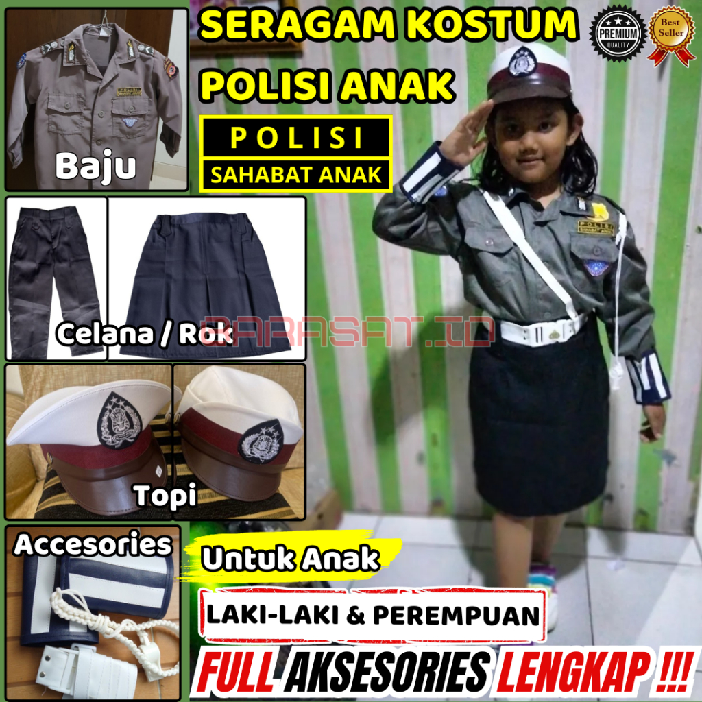 Seragam Lengkap Karnaval Fashion Show Polisi Anak Sekolah TK SD PAUD Full Aksesories  Cowok Cewek