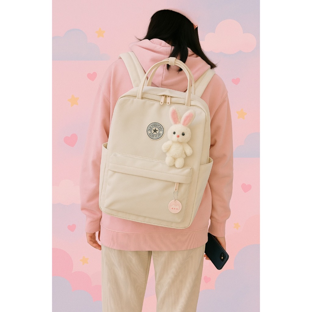 TAS RANSEL WANITA WARNA PUTIH FREE GANTUNGAN BONEKA - TAS PUNGGUNG CEWEK - TAS SEKOLAH - BACKPACK WA