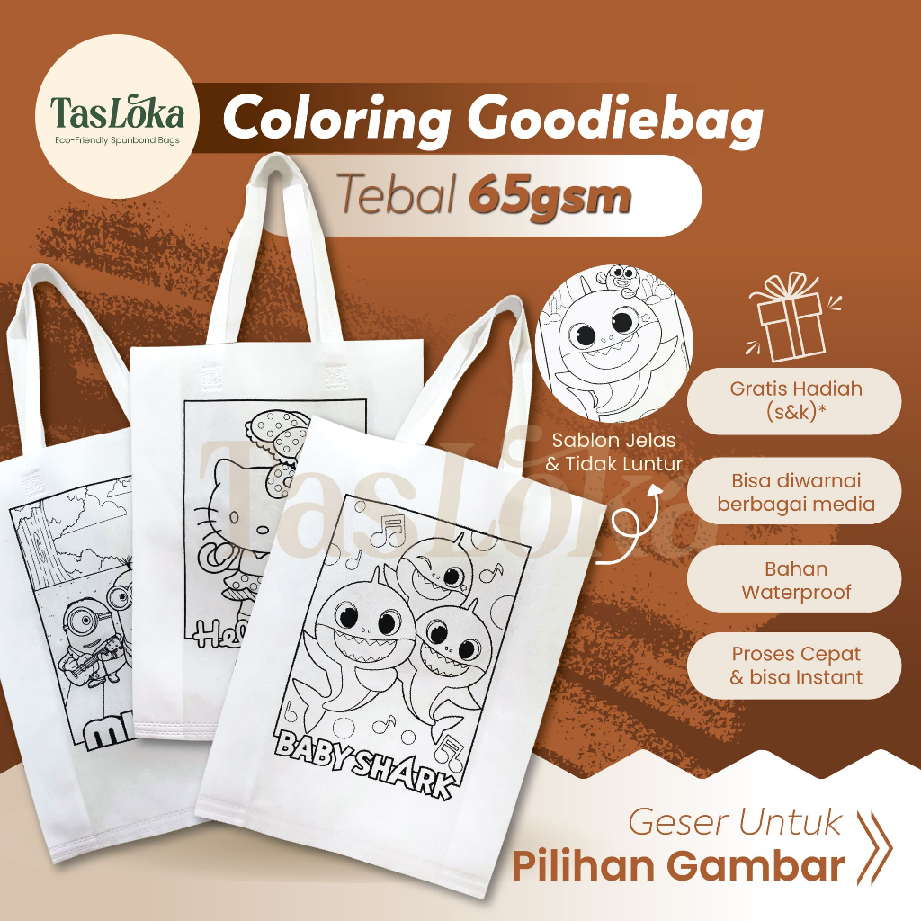 

(PCS) Tas Goodiebag Souvenir Mewarnai Karakter Spunbond 65gsm Tebal Waterproof Tas Belanja Anti Air