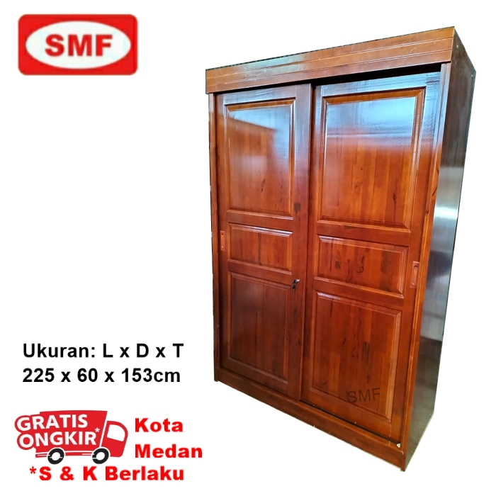 LEMARI PAKAIAN KAYU 2P - LEMARI PINTU SLIDING - 225 x 60 x 153cm - MOTIF COKLAT