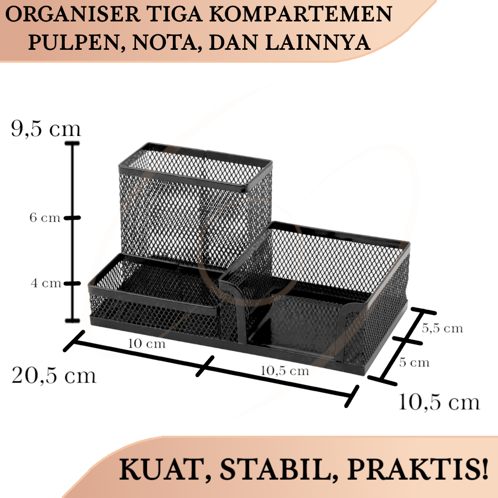 

Organiser Alat Tulis Tiga Kompartmen Jaring Besi / Three Grid Iron Mesh Stationery Organiser