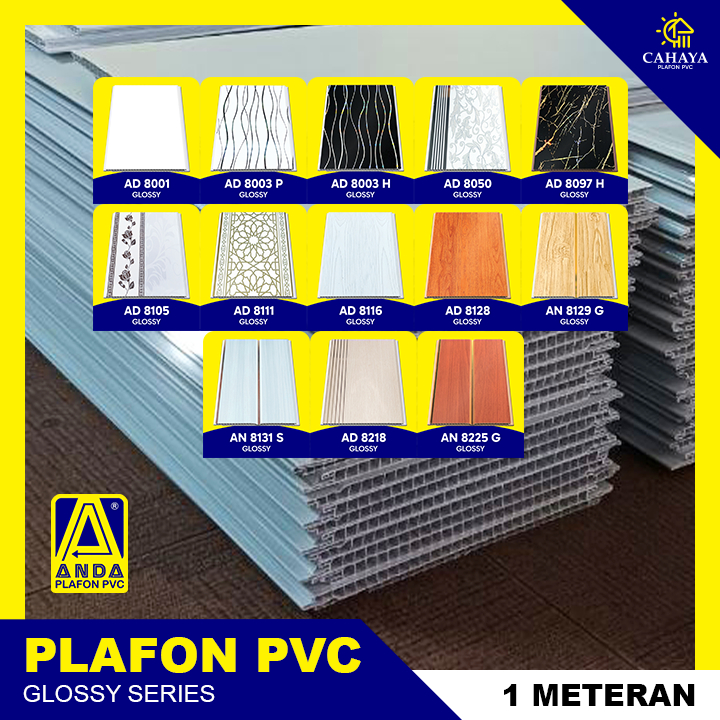 (1M) ANDA Plafon PVC 8mm Motif 1 Meteran GLOSSY Series Plafon Motif Bunga Putih Polos