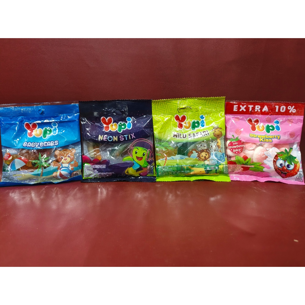 

Yupi Permen Gummy Jelly Lunak 45g - Baby Bears | Neon Stix | Wild Safari | Strawberry Kiss