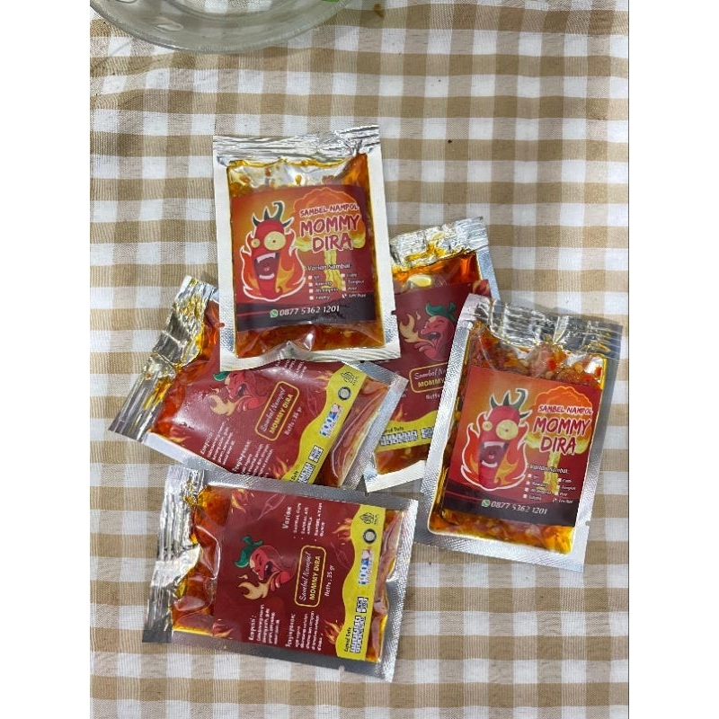 

Sambal Kemasan sachet -+30gr, Sambal Nampoll Mommy Dira,cumi ijo, cumi ori, Pete, Tongkol Udang dan ll