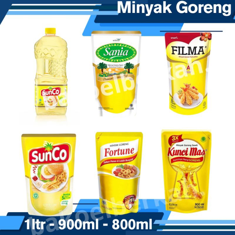 

MINYAK GORENG 1LITER -900ML-800ML (sunco, perirasa,filma,sania,fortune,kuncimas,dll)