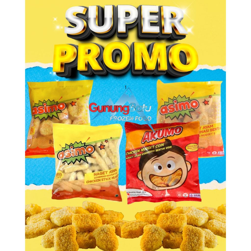 

ASIMO CHICKEN NUGGET (COIN/STICK/BENTUK S) 250GR DAN AKUMO NUGGET COIN 200GR (NAGET)