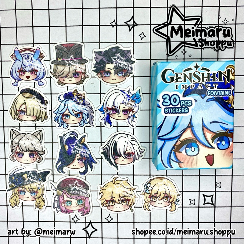 

[Meimaru Shoppu] STICKER PACK GENSHIN IMPACT GLITTER 30 PCS / STIKER FONTAINE DIE CUT / Wriothesley / Neuvillette / Furina / Lynette / Lyney / Sigewine / Freminet / Arlecchino / Charlotte / Navia / Clorinde