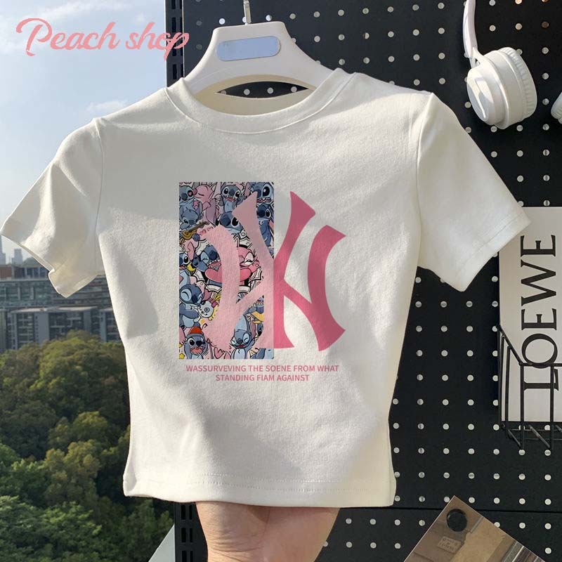 Peach Fashion Fashion joint NY print T-Shirt Crop Top Lengan Pendek Kaos Wanita Crop Top Crop Wanita