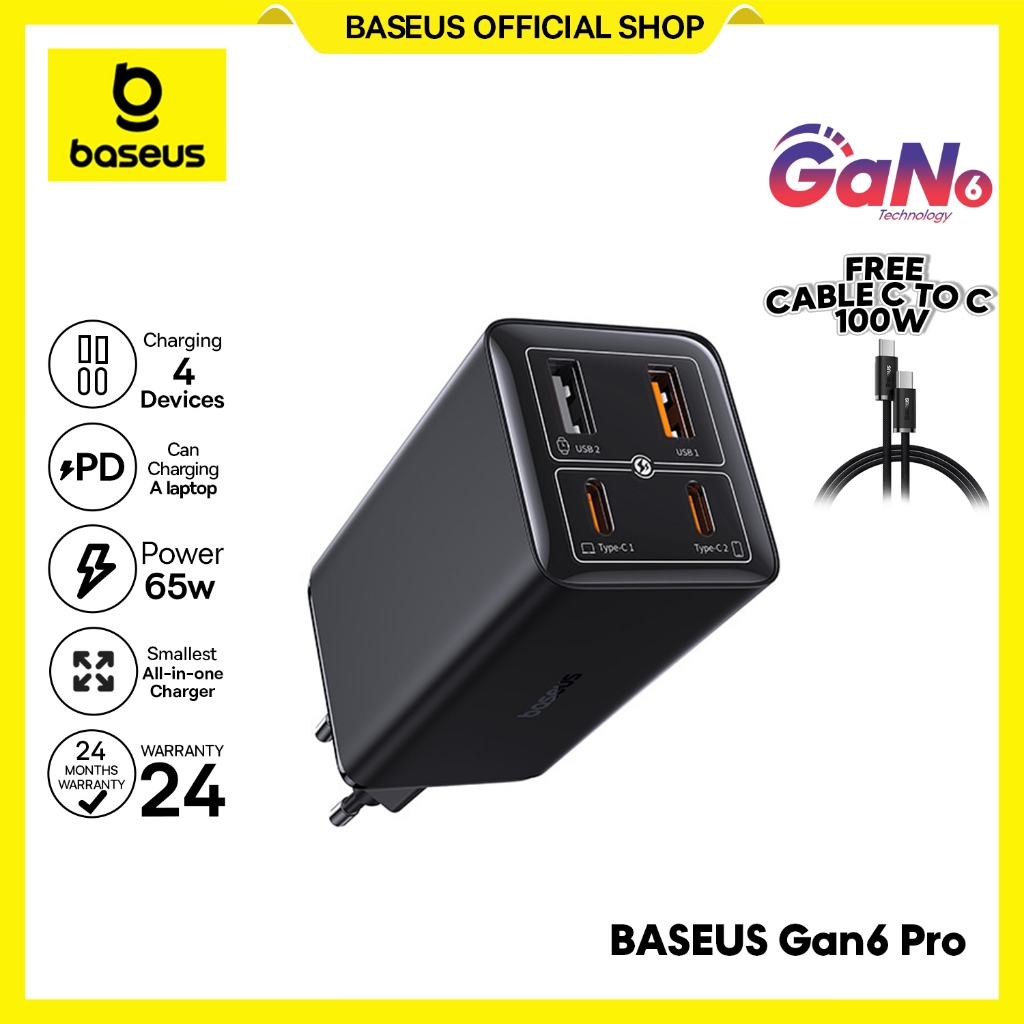 Baseus Charger GaN6 Pro Fast Charging 2C+2U 65W With Cable Type-C to Type-C 100W 5A 1M Cutoff