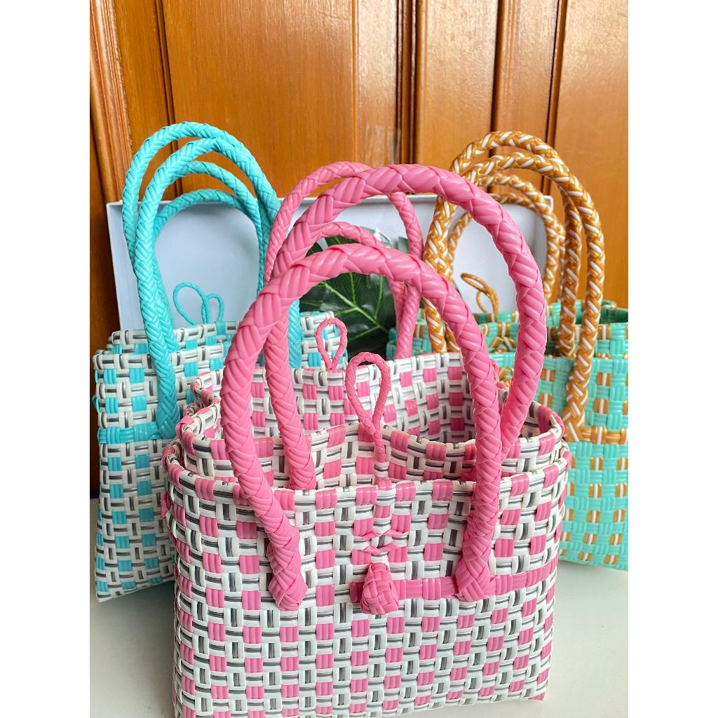 Tas Anyaman Warna Biru/Pink/Tosca